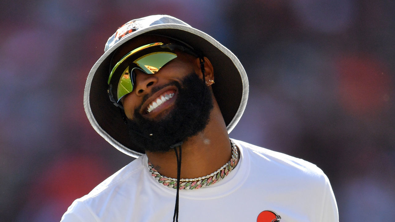 CLEVELAND, OHIO - SEPTEMBER 19: Wide receiver Odell Beckham Jr. #13 of the Cleveland Browns on the field but not in uniform today before the game against the Houston Texans at FirstEnergy Stadium on September 19, 2021 in Cleveland, Ohio.