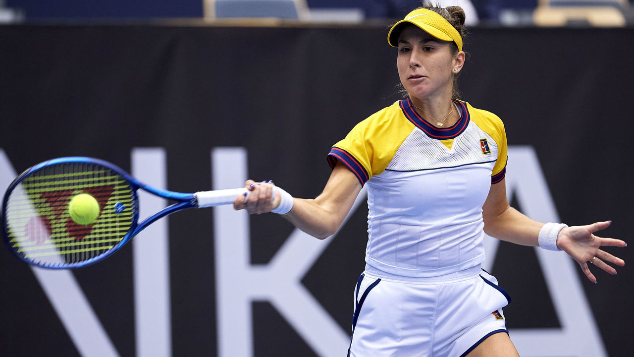 OSTRAVA, CZECH REPUBLIC - SEPTEMBER 23: Belinda Bencic from Switzerland plays a forehand in her Round of 16 Singles match against Sara Sorribes Tormo from Spain during Day 4 of the J&T Banka Ostrava Open 2021 on September 23, 2021 in Ostrava, Czech Republic.