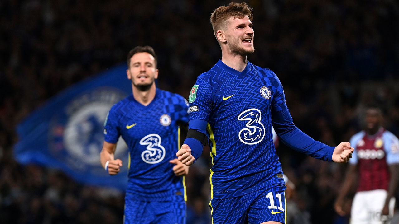 LONDON, ENGLAND - SEPTEMBER 22: Timo Werner of Chelsea celebrates after scoring their team's first goal during the Carabao Cup Third Round match between Chelsea and Aston Villa at Stamford Bridge on September 22, 2021 in London, England.