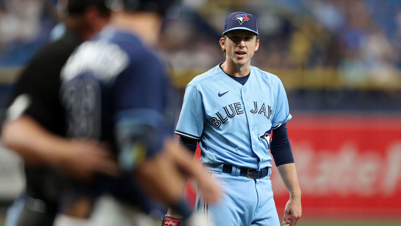 TAMPA, FL - SEPTEMBER 22: Ryan Borucki #56 of the Toronto Blue Jays speaks to Kevin Kiermaier #39 of the Tampa Bay Rays after hitting him with a pitch in the eighth inning during the game at Tropicana Field on Wednesday, September 22, 2021 in Tampa, Florida.