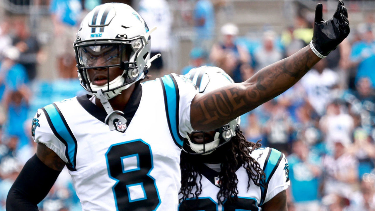 CHARLOTTE, NORTH CAROLINA - SEPTEMBER 19: Cornerback Jaycee Horn #8 of the Carolina Panthers during the first half in the game against the New Orleans Saints at Bank of America Stadium on September 19, 2021 in Charlotte, North Carolina.