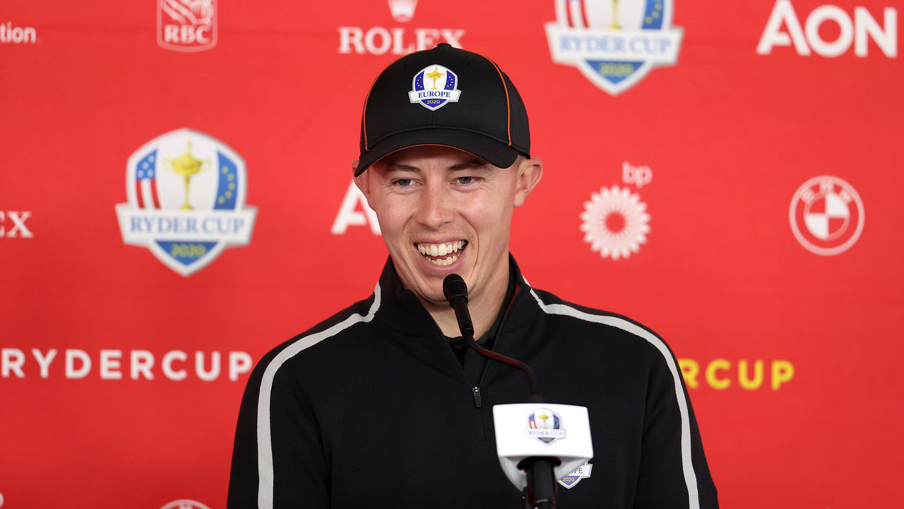 KOHLER, WISCONSIN - SEPTEMBER 23: Matthew Fitzpatrick of England and team Europe speaks to the media during practice rounds prior to the 43rd Ryder Cup at Whistling Straits on September 23, 2021 in Kohler, Wisconsin.