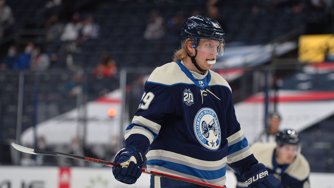 COLUMBUS, OH - APRIL 12: Patrik Laine #29 of the Columbus Blue Jackets awaits a face-off during the second period of a game against the Chicago Blackhawks at Nationwide Arena on April 12, 2021 in Columbus, Ohio.