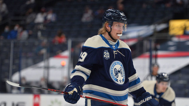 COLUMBUS, OH - APRIL 12: Patrik Laine #29 of the Columbus Blue Jackets awaits a face-off during the second period of a game against the Chicago Blackhawks at Nationwide Arena on April 12, 2021 in Columbus, Ohio.