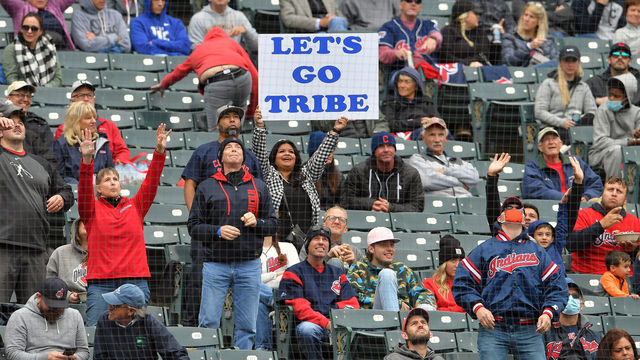 CLEVELAND, OHIO - SEPTEMBER 23: A Cleveland Indians fan cheers on the team during the third inning of game one of a double header against the Chicago White Sox at Progressive Field on September 23, 2021 in Cleveland, Ohio.