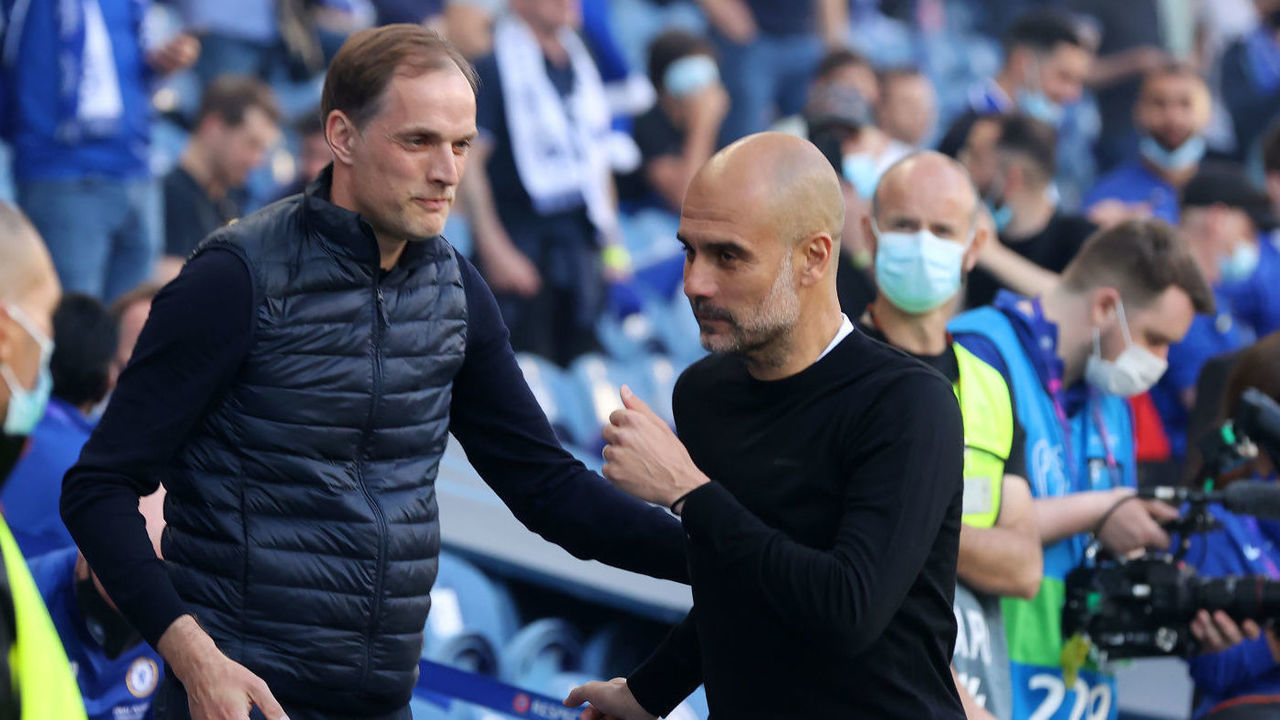 PORTO, PORTUGAL - MAY 29: (----EDITORIAL USE ONLY â MANDATORY CREDIT - "UEFA / ALEXANDER HASSENSTEIN / HANDOUT" - NO MARKETING NO ADVERTISING CAMPAIGNS - DISTRIBUTED AS A SERVICE TO CLIENTS----) Manchester City head coach Pep Guardiola (R) and Chelsea head coach Thomas Tuchel (L2)âââââââ are seen prior to the UEFA Champions League final match between Manchester City and Chelsea at Dragao Stadium on May 29, 2021 in Porto, Portugal.