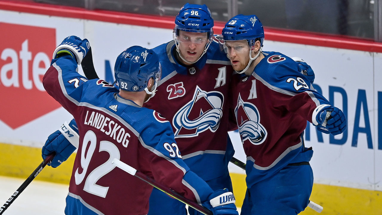 DENVER, CO - MAY 17: Colorado Avalanche center Nathan MacKinnon (29) left wing Gabriel Landeskog (92), and right wing Mikko Rantanen (96) celebrate after a go-ahead MacKinnon goal in the third period during a Stanley Cup Playoffs first round game between the St. Louis Blues and the Colorado Avalanche at Ball Arena in Denver, Colorado on May 17, 2021.