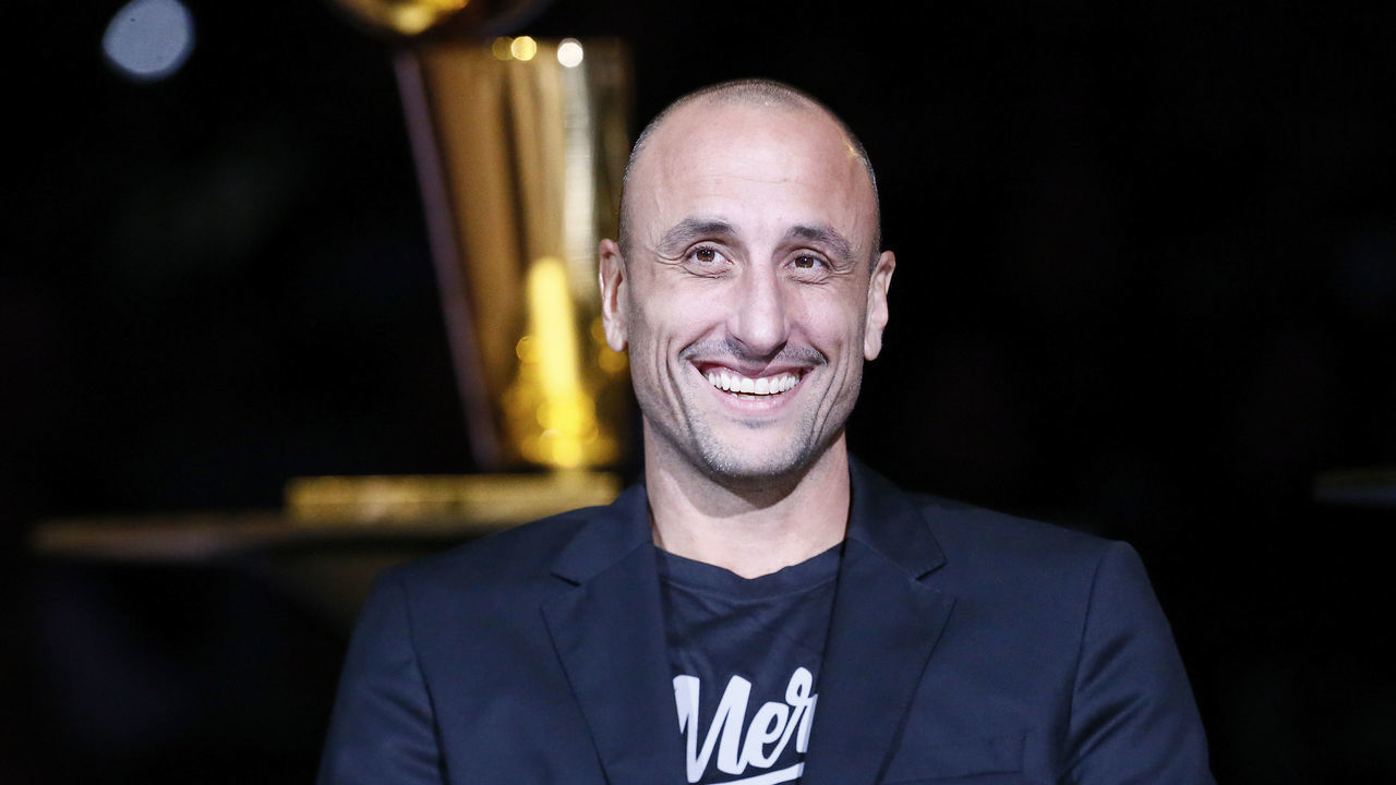 SAN ANTONIO, TX - NOVEMBER 11: Former NBA player, Manu Ginobili, laughs during the Tony Parker jersey retirement ceremony prior to a game between the Memphis Grizzlies and the San Antonio Spurs on November 11, 2019 at the AT&T Center in San Antonio, Texas. Mandatory Copyright Notice: Copyright 2019 NBAE (Photos by Chris Elise/NBAE via Getty Images)