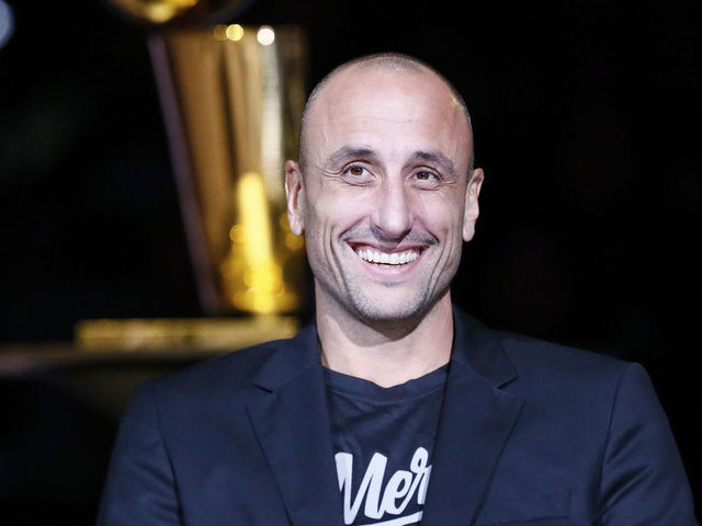 SAN ANTONIO, TX - NOVEMBER 11: Former NBA player, Manu Ginobili, laughs during the Tony Parker jersey retirement ceremony prior to a game between the Memphis Grizzlies and the San Antonio Spurs on November 11, 2019 at the AT&T Center in San Antonio, Texas. Mandatory Copyright Notice: Copyright 2019 NBAE (Photos by Chris Elise/NBAE via Getty Images)