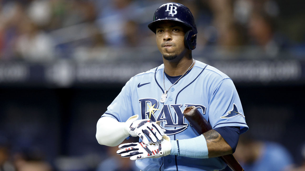 ST PETERSBURG, FLORIDA - SEPTEMBER 02: Wander Franco #5 of the Tampa Bay Rays looks on during the fourth inning against the Boston Red Sox at Tropicana Field on September 02, 2021 in St Petersburg, Florida.