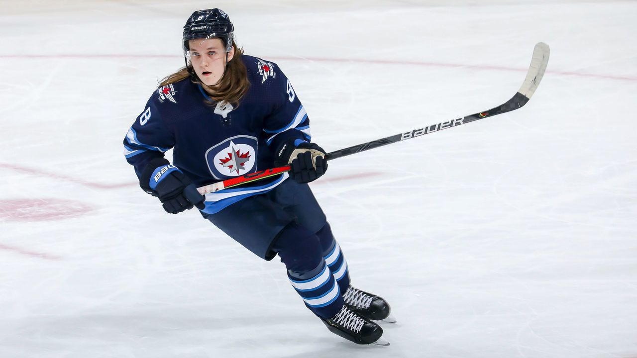 WINNIPEG, MB - FEBRUARY 4: Sami Niku #8 of the Winnipeg Jets keeps an eye on the play during first period action against the Nashville Predators at the Bell MTS Place on February 4, 2020 in Winnipeg, Manitoba, Canada. The Preds defeated the Jets 2-1 in overtime.