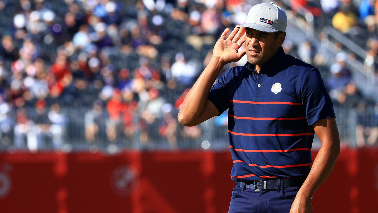 KOHLER, WISCONSIN - SEPTEMBER 24: Tony Finau of team United States interacts with the crowd on the ninth green during Friday Afternoon Fourball Matches of the 43rd Ryder Cup at Whistling Straits on September 24, 2021 in Kohler, Wisconsin.