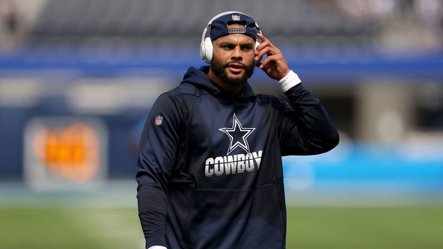 INGLEWOOD, CALIFORNIA - SEPTEMBER 19: Quarterback Dak Prescott (4) of the Dallas Cowboys before the game against the Los Angeles Chargers at SoFi Stadium on September 19, 2021 in Inglewood, California.