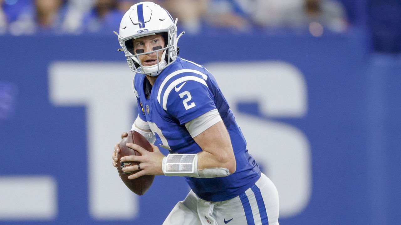 INDIANAPOLIS, IN - SEPTEMBER 19: Carson Wentz #2 of the Indianapolis Colts runs the ball during the game against the Los Angeles Rams at Lucas Oil Stadium on September 19, 2021 in Indianapolis, Indiana.