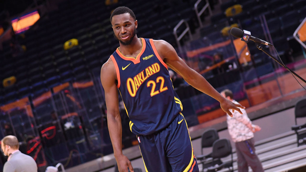 SAN FRANCISCO, CA - January 25: Andrew Wiggins #22 of the Golden State Warriors smiles after the game against the Minnesota Timberwolves on January 25, 2021 at Chase Center in San Francisco, California. NOTE TO USER: User expressly acknowledges and agrees that, by downloading and or using this photograph, user is consenting to the terms and conditions of Getty Images License Agreement. Mandatory Copyright Notice: Copyright 2021 NBAE