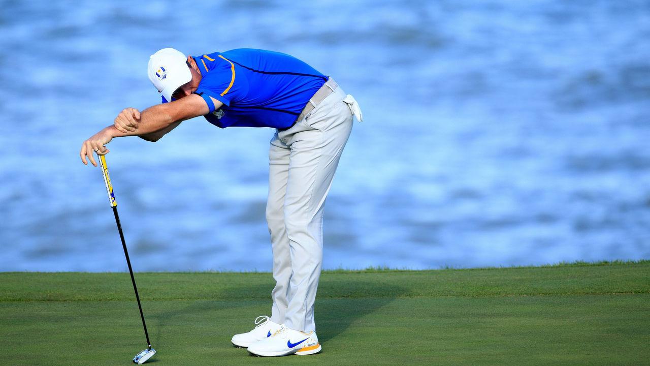 KOHLER, WISCONSIN - SEPTEMBER 24: Rory McIlroy of Northern Ireland and team Europe reacts after missing a putt on the 13th green during Friday Afternoon Fourball Matches of the 43rd Ryder Cup at Whistling Straits on September 24, 2021 in Kohler, Wisconsin.
