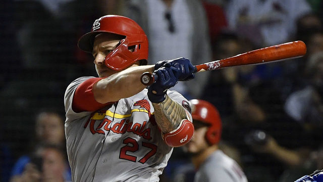 CHICAGO, ILLINOIS - SEPTEMBER 24: Tyler O'Neill #27 of the St. Louis Cardinals hits a single in the first inning in game two of a doubleheader against the Chicago Cubs at Wrigley Field on September 24, 2021 in Chicago, Illinois.