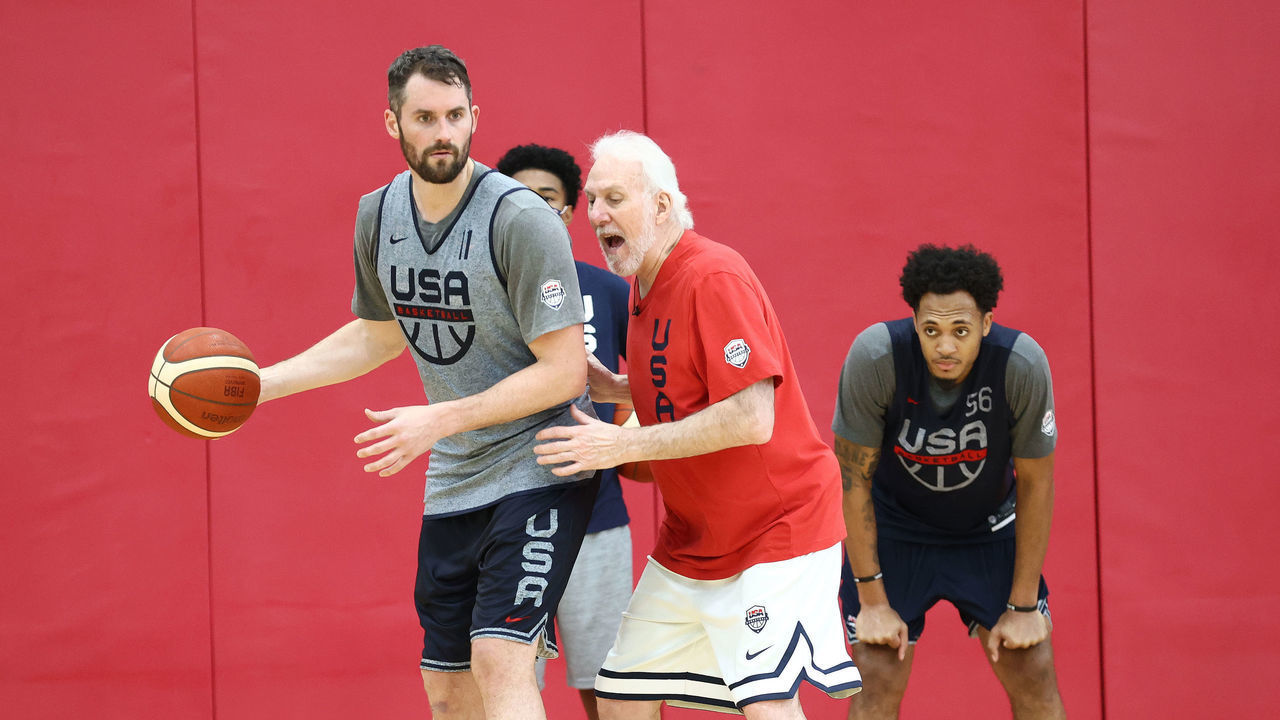 LAS VEGAS, NV - JULY 15: Head Coach Gregg Popovich coaches Kevin Love #11 of the USA Men's National Team during USAB Men's National Team practice at the Mendenhall Center on July 15, 2021 in Las Vegas, Nevada.