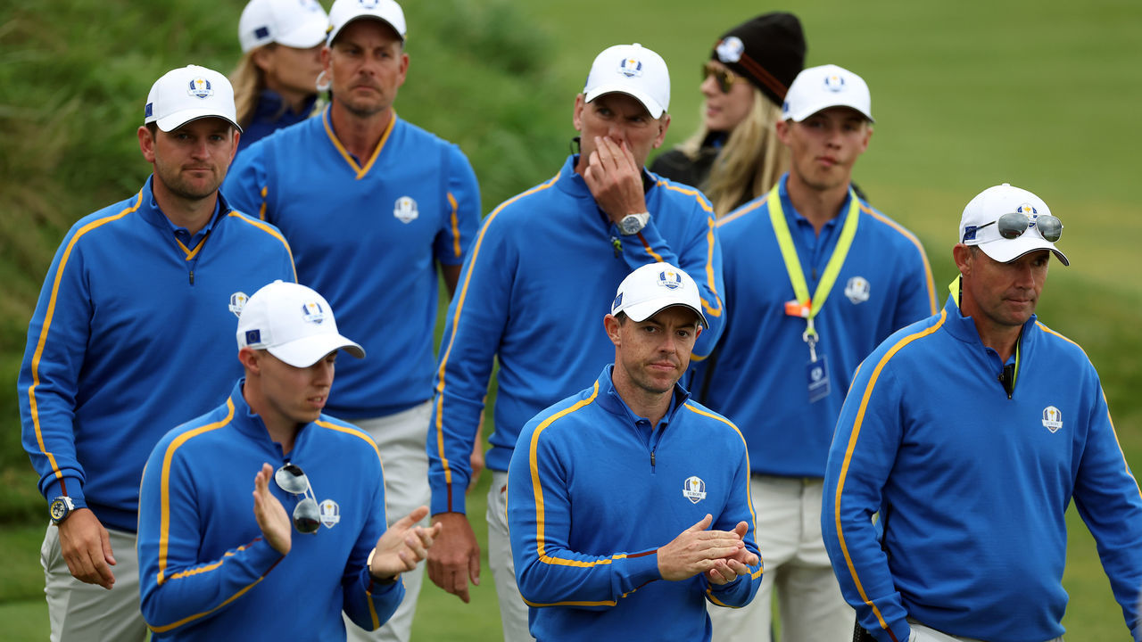 KOHLER, WISCONSIN - SEPTEMBER 24: Bernd Wiesberger of Austria and team Europe, vice-captain Henrik Stenson of Sweden and team Europe, vice-captain Robert Karlsson of Sweden and team Europe, Samuel Westwood, Matthew Fitzpatrick of England and team Europe, Rory McIlroy of Northern Ireland and team Europe and captain Padraig Harrington of Ireland and team Europe look on during Friday Afternoon Fourball Matches of the 43rd Ryder Cup at Whistling Straits on September 24, 2021 in Kohler, Wisconsin.