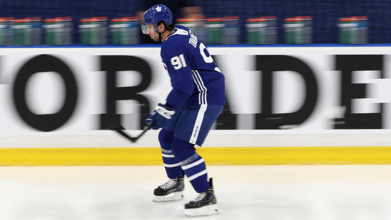 Toronto, ON- September 23 - John Tavares skates as the Toronto Maple Leafs open their training camp at Ford Performance Centre in Toronto. September 23, 2021. (Steve Russell/Toronto Star via Getty Images)