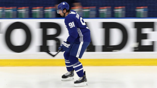 Toronto, ON- September 23 - John Tavares skates as the Toronto Maple Leafs open their training camp at Ford Performance Centre in Toronto. September 23, 2021. (Steve Russell/Toronto Star via Getty Images)