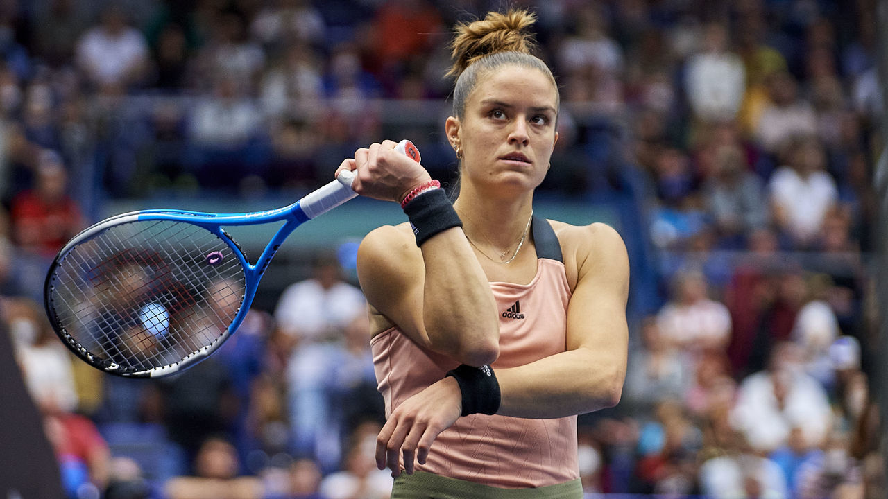OSTRAVA, CZECH REPUBLIC - SEPTEMBER 25: Maria Sakkari from Greece warms up before second set against Iga Swiatek from Poland in Semifinal Singles match during Day 6 of the J&T Banka Ostrava Open 2021 on September 25, 2021 in Ostrava, Czech Republic.