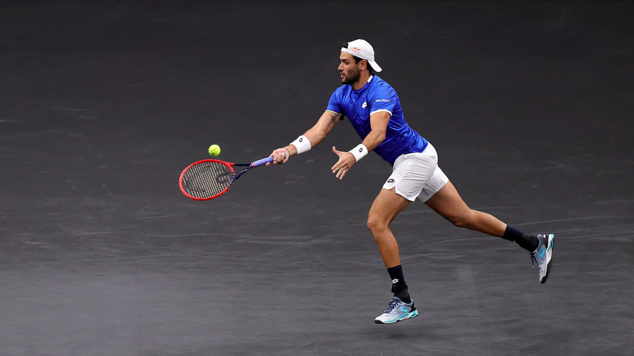 BOSTON, MASSACHUSETTS - SEPTEMBER 24: Matteo Berrettini of Team Europe plays a shot against Felix Auger-Aliassime of Team World during the second match during Day 1 of the 2021 Laver Cup at TD Garden on September 24, 2021 in Boston, Massachusetts.