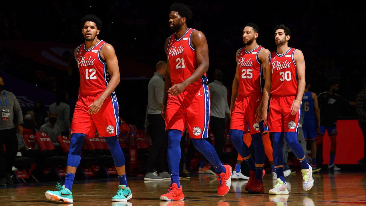 PHILADELPHIA, PA - APRIL 26: Tobias Harris #12 of the Philadelphia 76ers, Joel Embiid #21 of the Philadelphia 76ers, Ben Simmons #25 of the Philadelphia 76ers, and Furkan Korkmaz #30 of the Philadelphia 76ers walk on during a game against the Oklahoma City Thunder on April 26, 2021 at Wells Fargo Center in Philadelphia, Pennsylvania. NOTE TO USER: User expressly acknowledges and agrees that, by downloading and/or using this Photograph, user is consenting to the terms and conditions of the Getty Images License Agreement. Mandatory Copyright Notice: Copyright 2021 NBAE