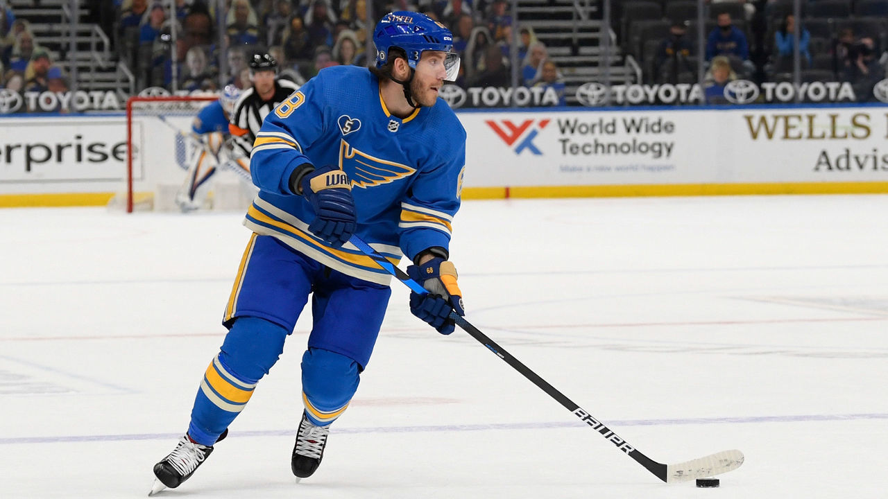 ST. LOUIS, MO - APRIL 10: Mike Hoffman #68 of the St. Louis Blues in action against the Minnesota Wild on April 10, 2021 at the Enterprise Center in St. Louis, Missouri.