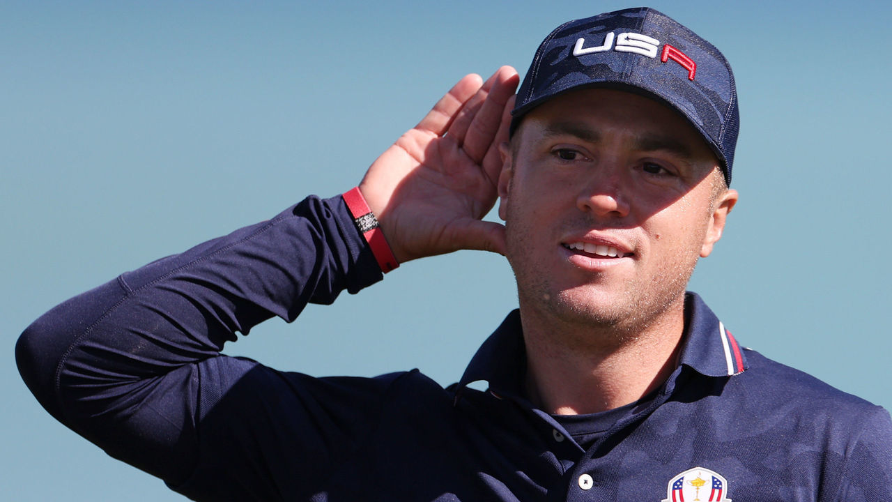 KOHLER, WISCONSIN - SEPTEMBER 25: Justin Thomas of team United States reacts on the 17th green during Saturday Morning Foursome Matches of the 43rd Ryder Cup at Whistling Straits on September 25, 2021 in Kohler, Wisconsin.