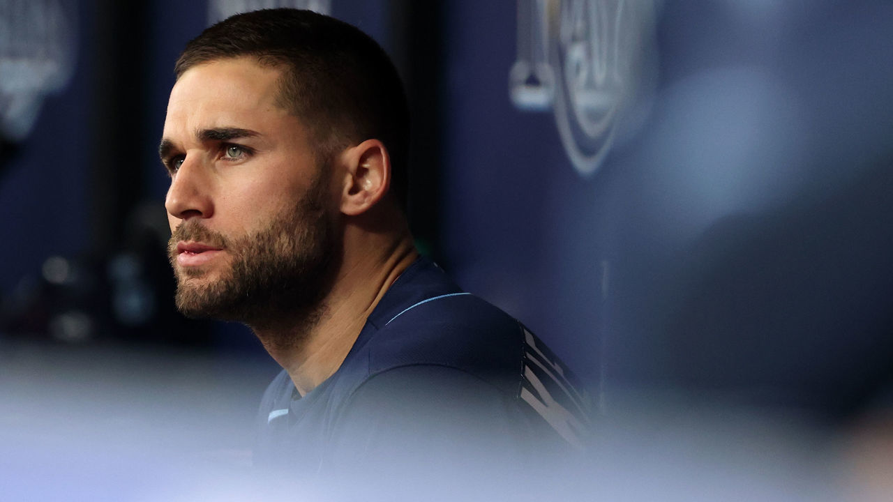 TAMPA, FL - SEPTEMBER 22: Kevin Kiermaier #39 of the Tampa Bay Rays looks on from the dugout before the game between the Toronto Blue Jays and the Tampa Bay Rays at Tropicana Field on Wednesday, September 22, 2021 in Tampa, Florida.