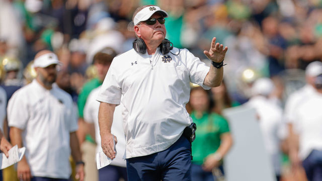 SOUTH BEND, IN - SEPTEMBER 11: Head coach Brian Kelly of the Notre Dame Fighting Irish is seen during the game against the Toledo Rockets at Notre Dame Stadium on September 11, 2021 in South Bend, Indiana.