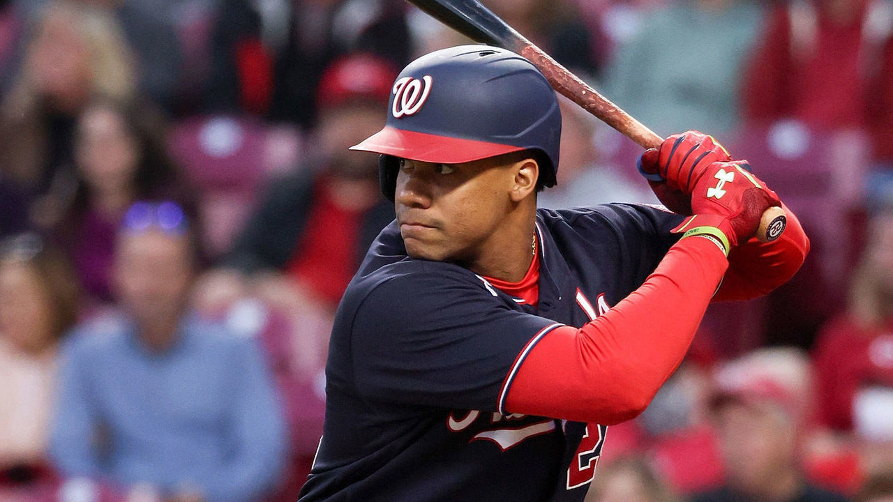 CINCINNATI, OHIO - SEPTEMBER 23: Juan Soto #22 of the Washington Nationals bats in the third inning against the Cincinnati Reds at Great American Ball Park on September 23, 2021 in Cincinnati, Ohio.