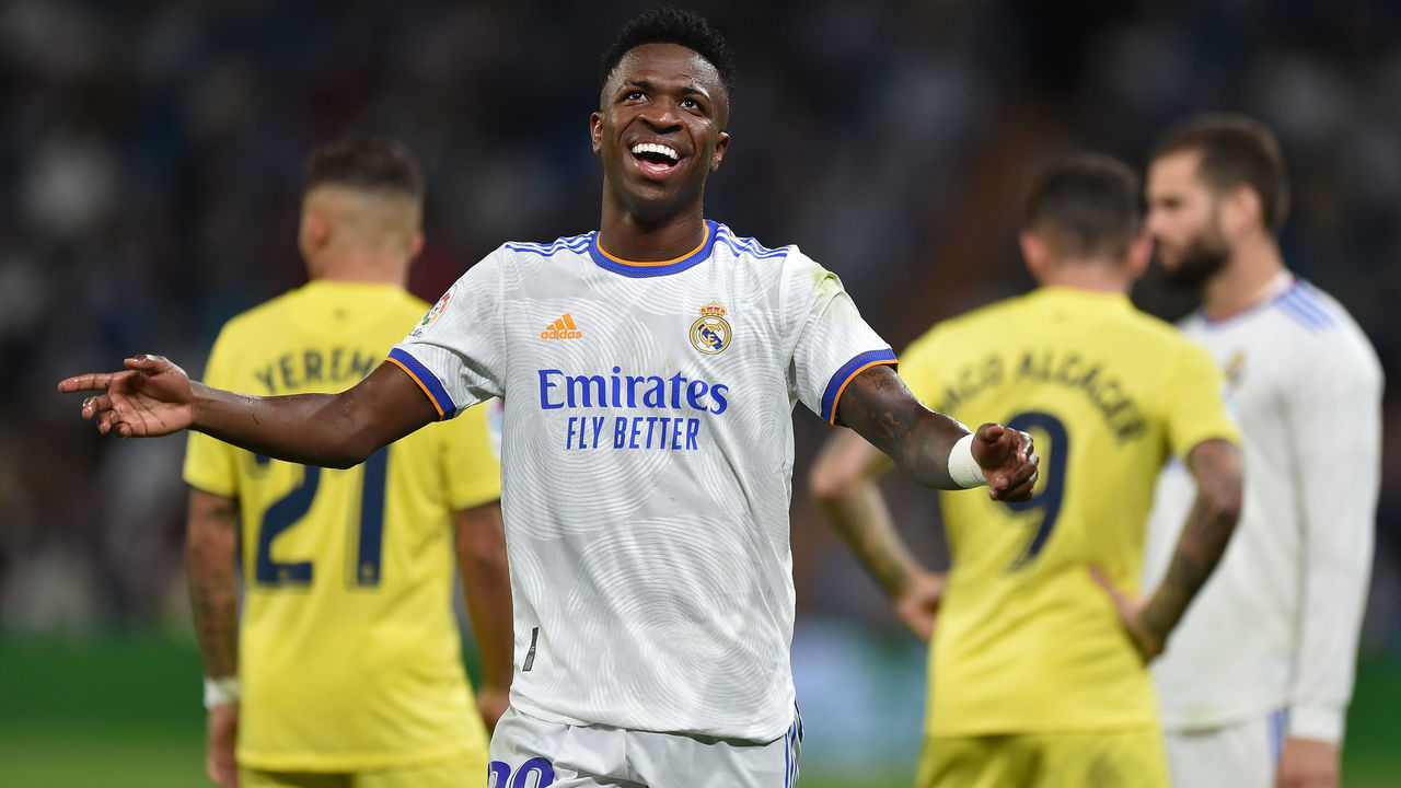 MADRID, SPAIN - SEPTEMBER 25: Vinicius Junior of Real Madrid reacts during the La Liga Santander match between Real Madrid CF and Villarreal CF at estadio Santiago Bernabeu on Setember 25, 2021 in Madrid, Spain.