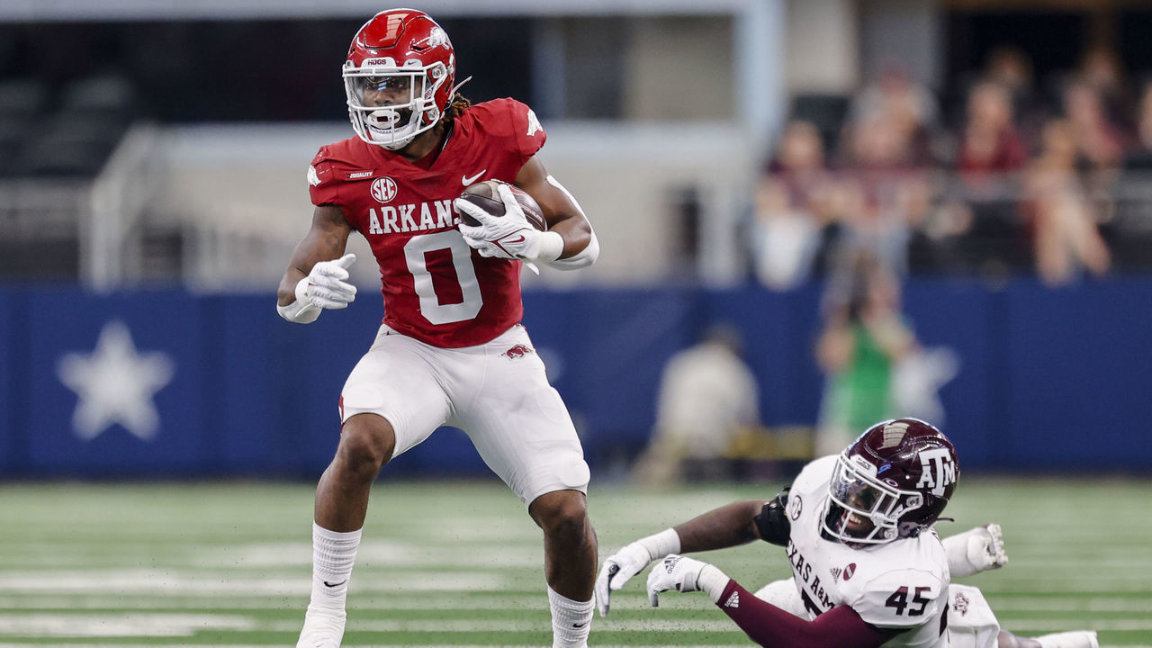 ARLINGTON, TX - SEPTEMBER 25: Arkansas Razorbacks running back AJ Green (0) runs for a first down during the Southwest Classic game between the Texas A&M Aggies and the Arkansas Razorbacks on September 25, 2021 at AT&T Stadium in Arlington, Texas.