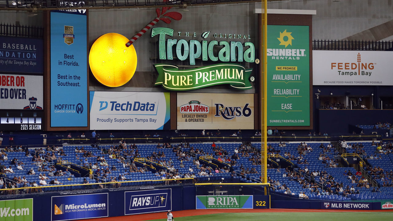 TAMPA, FL - APRIL 09: A view of the Tropicana Field outfield and signage during the game between the New York Yankees and the Tampa Bay Rays at Tropicana Field on Friday, April 9, 2021 in Tampa, Florida.