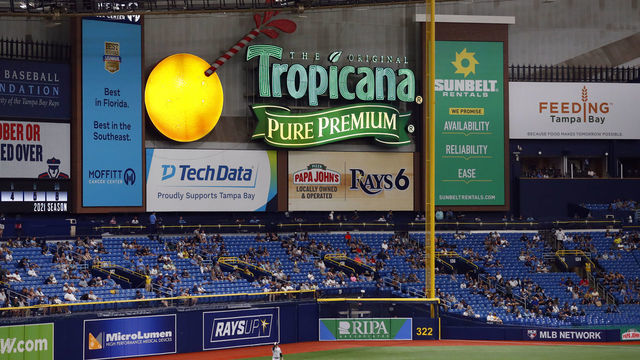 TAMPA, FL - APRIL 09: A view of the Tropicana Field outfield and signage during the game between the New York Yankees and the Tampa Bay Rays at Tropicana Field on Friday, April 9, 2021 in Tampa, Florida.