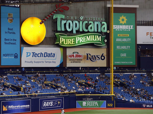 TAMPA, FL - APRIL 09: A view of the Tropicana Field outfield and signage during the game between the New York Yankees and the Tampa Bay Rays at Tropicana Field on Friday, April 9, 2021 in Tampa, Florida.