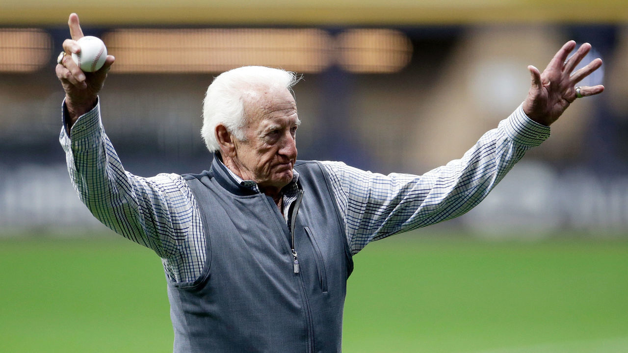 MILWAUKEE, WISCONSIN - SEPTEMBER 25: Bob Uecker is honored for 50 years of broadcasting before the game at American Family Field on September 25, 2021 in Milwaukee, Wisconsin.