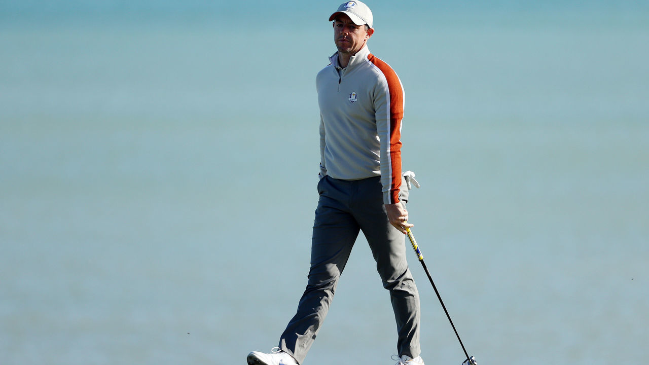 KOHLER, WISCONSIN - SEPTEMBER 25: Rory McIlroy of Northern Ireland and team Europe reacts on the seventh green during Saturday Afternoon Fourball Matches of the 43rd Ryder Cup at Whistling Straits on September 25, 2021 in Kohler, Wisconsin.