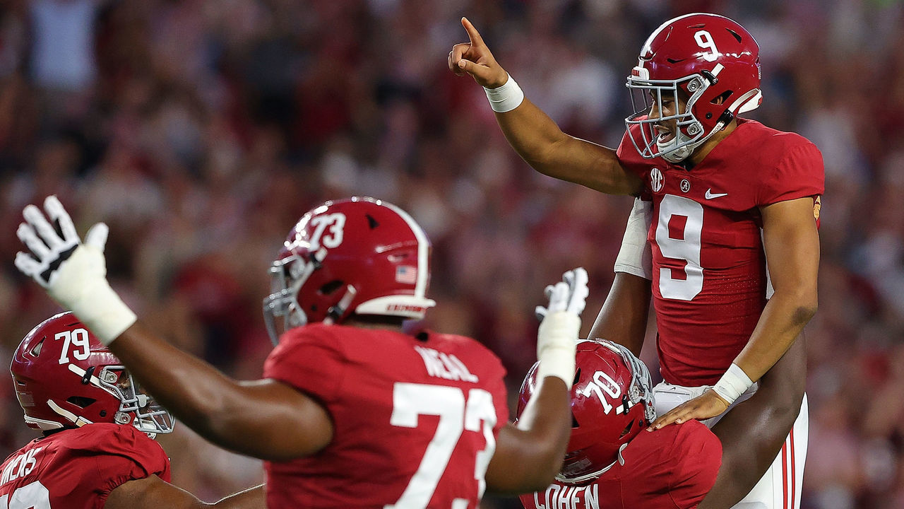 TUSCALOOSA, ALABAMA - SEPTEMBER 25: Bryce Young #9 of the Alabama Crimson Tide reacts after passing for a touchdown against the Southern Miss Golden Eagles during the first half at Bryant-Denny Stadium on September 25, 2021 in Tuscaloosa, Alabama.