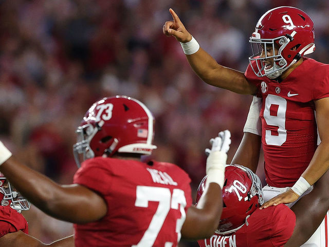 TUSCALOOSA, ALABAMA - SEPTEMBER 25: Bryce Young #9 of the Alabama Crimson Tide reacts after passing for a touchdown against the Southern Miss Golden Eagles during the first half at Bryant-Denny Stadium on September 25, 2021 in Tuscaloosa, Alabama.