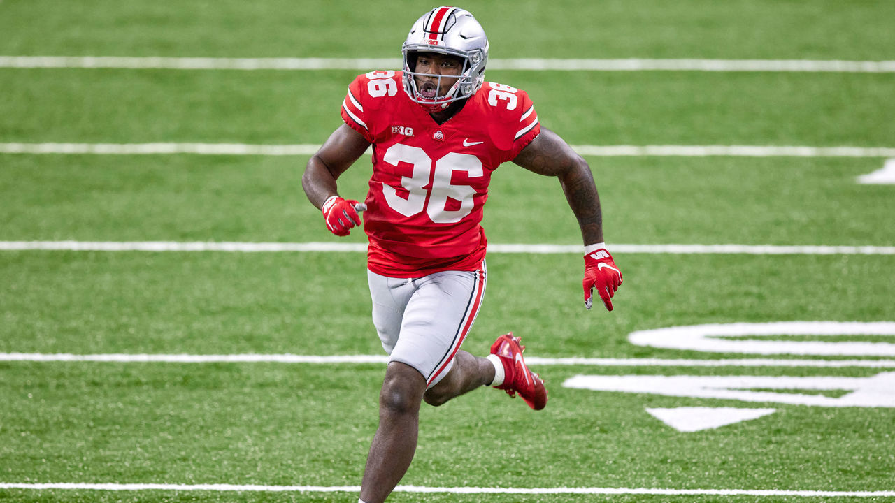 INDIANAPOLIS, IN - DECEMBER 19: Ohio State Buckeyes linebacker K'Vaughan Pope (36) runs in action during the Big Ten Championship game between the Ohio State Buckeyes and the Northwestern Wildcats on December 19, 2020 at Lucas Oil stadium, in Indianapolis, IN.