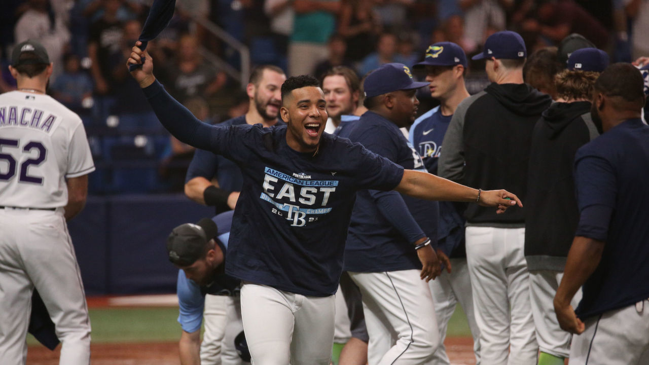 ST PETERSBURG, FL - SEPTEMBER 25: The Tampa Bay Rays celebrate their victory over the Miami Marlins at Tropicana Field on September 25, 2021 in St Petersburg, Florida.