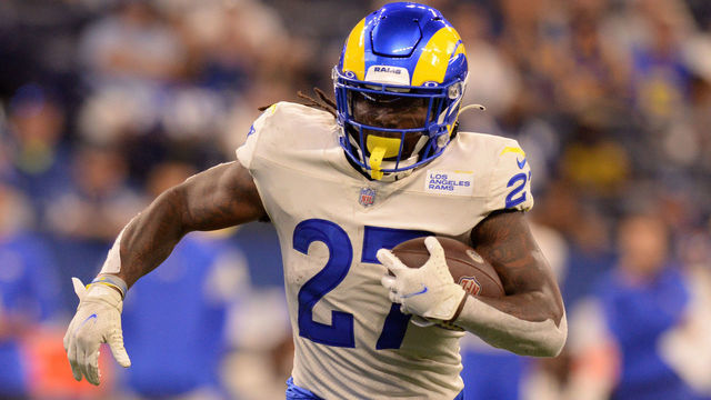INDIANAPOLIS, IN - SEPTEMBER 19: Los Angeles Rams Running Back Darrell Henderson (27) carries the ball during the NFL football game between the Los Angeles Rams and the Indianapolis Colts on September 19, 2021, at Lucas Oil Stadium in Indianapolis, Indiana.