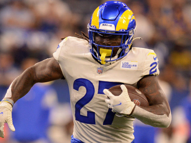 INDIANAPOLIS, IN - SEPTEMBER 19: Los Angeles Rams Running Back Darrell Henderson (27) carries the ball during the NFL football game between the Los Angeles Rams and the Indianapolis Colts on September 19, 2021, at Lucas Oil Stadium in Indianapolis, Indiana.