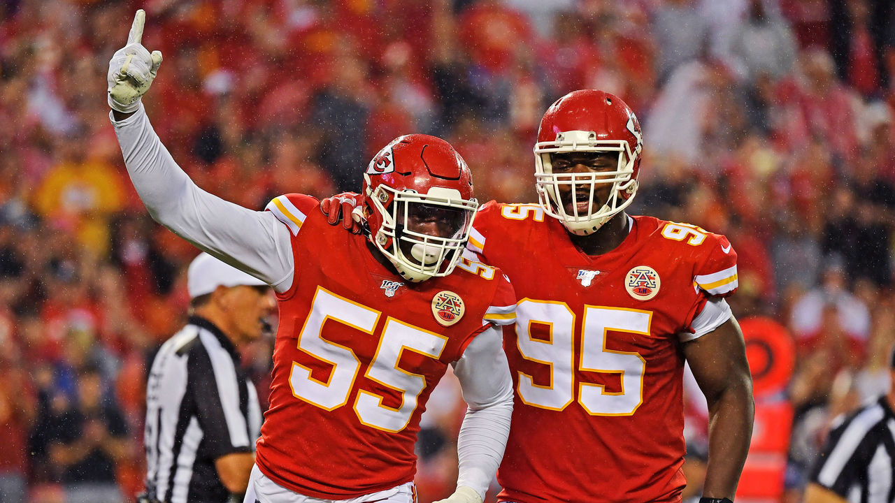KANSAS CITY, MO - AUGUST 24: Defensive end Frank Clark #55 of the Kansas City Chiefs celebrates with defensive end Chris Jones #95, after sacking quarterback Jimmy Garoppolo #10 of the San Francisco 49ers during the first half of a preseason game at Arrowhead Stadium on August 24, 2019 in Kansas City, Missouri.
