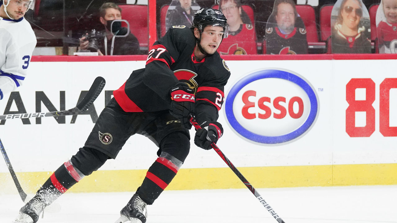 OTTAWA, ON - MAY 12: Logan Brown #27 of the Ottawa Senators skates against the Toronto Maple Leafs at Canadian Tire Centre on May 12, 2021 in Ottawa, Ontario, Canada.
