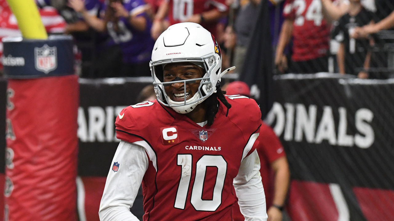 GLENDALE, ARIZONA - SEPTEMBER 19: DeAndre Hopkins #10 of the Arizona Cardinals celebrates after catching a touchdown pass against the Minnesota Vikings at State Farm Stadium on September 19, 2021 in Glendale, Arizona.