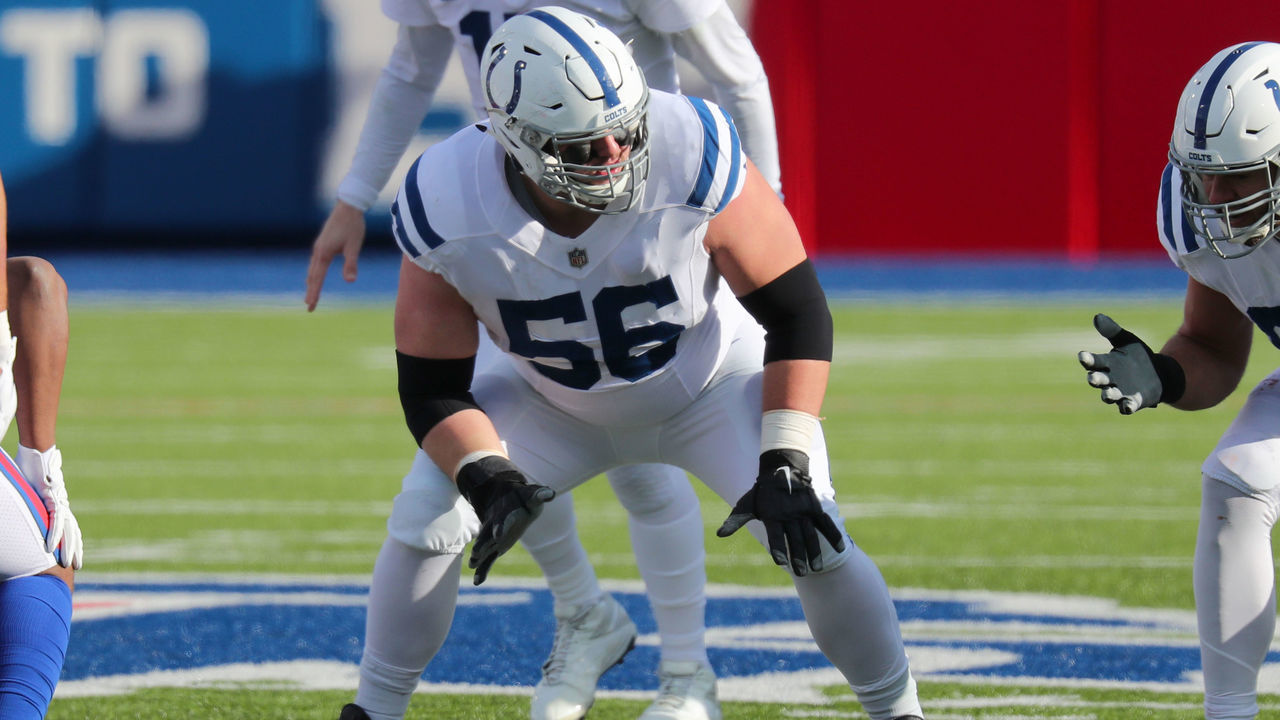 ORCHARD PARK, NY - JANUARY 09: Quenton Nelson #56 of the Indianapolis Colts against the Buffalo Bills at Bills Stadium on January 9, 2021 in Orchard Park, New York.